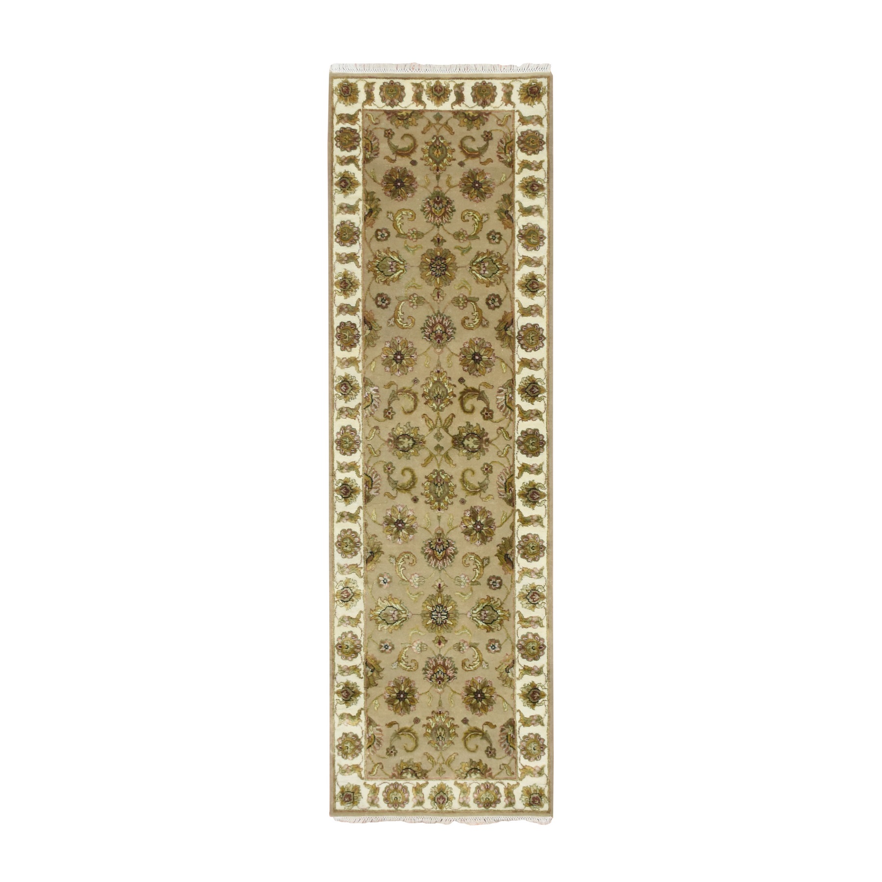Ecru Brown, Rajasthan with All Over Leaf Design, Hand Knotted, Wool and Silk, Densely Woven, Thick and Plush, Runner, Oriental Rug